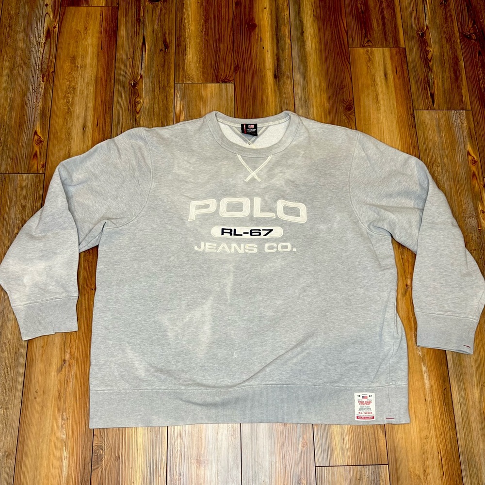 Vintage Polo Ralph Lauren Jeans Co Spell out Gray Sweatshirt Size XXL with Flaws